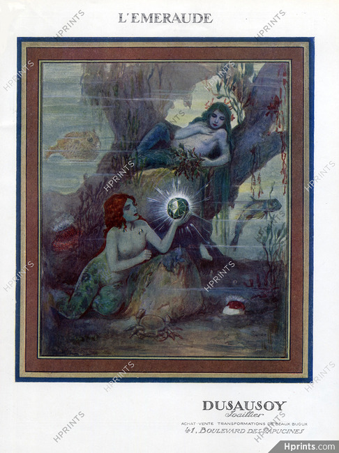 Dusausoy 1924 "L'Emeraude" "The Emerald" Topless Mermaid, Signed Serge