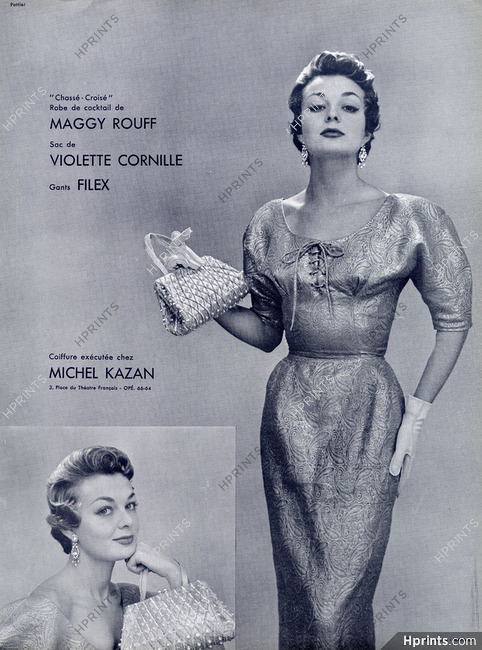 Violette Cornille (Evening handbag, Pearls) 1953 Dinner Dress Maggy Rouff, Michel Kazan hairstyle