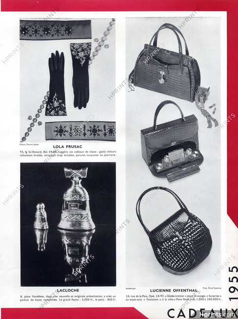 Lucienne Offenthal (Handbags), Lacloche (Perfume), Lola Prusac 1954
