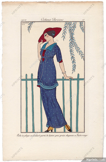 George Barbier 1912 Journal des Dames et des Modes Costumes Parisiens Pochoir N°15 Robe de plage