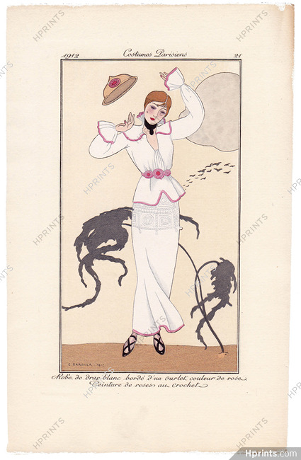 George Barbier 1912 Journal des Dames et des Modes Costumes Parisiens N°21 Robe de drap blanc