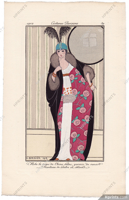 George Barbier 1912 Journal des Dames et des Modes Costumes Parisiens Pochoir N°39 Robe de crêpe de Chine blanc