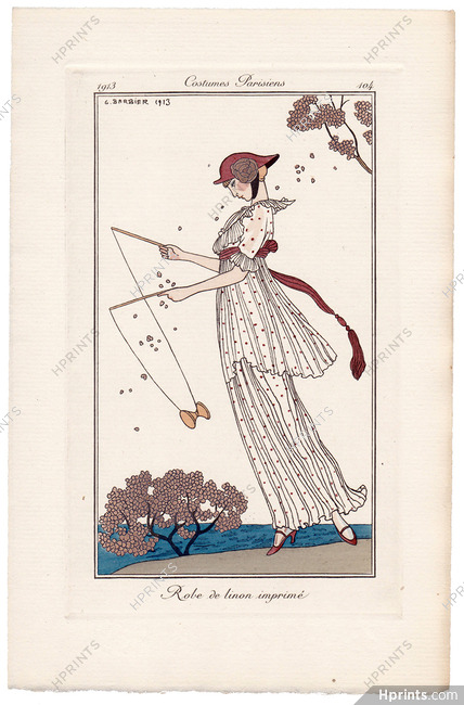George Barbier 1913 Journal des Dames et des Modes Costumes Parisiens Pochoir N°104 Robe de linon imprimée, Diabolo