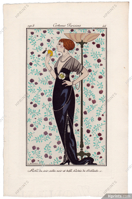 George Barbier 1913 Journal des Dames et des Modes Costumes Parisiens Pochoir N°46 Robe du soir satin noir et tulle bordée de brillants