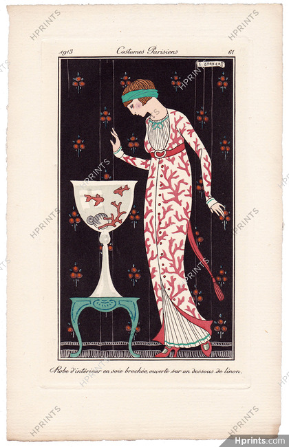 George Barbier 1913 Journal des Dames et des Modes Costumes Parisiens Pochoir N°61 Robe d'intérieur en soie brochée, Aquarium