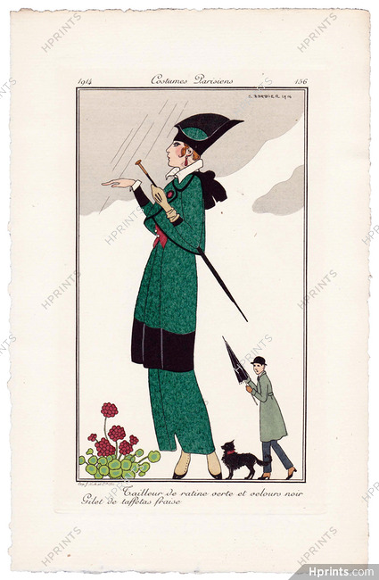 George Barbier 1914 Journal des Dames et des Modes Costumes Parisiens Pochoir N°156 Tailleur de ratine verte