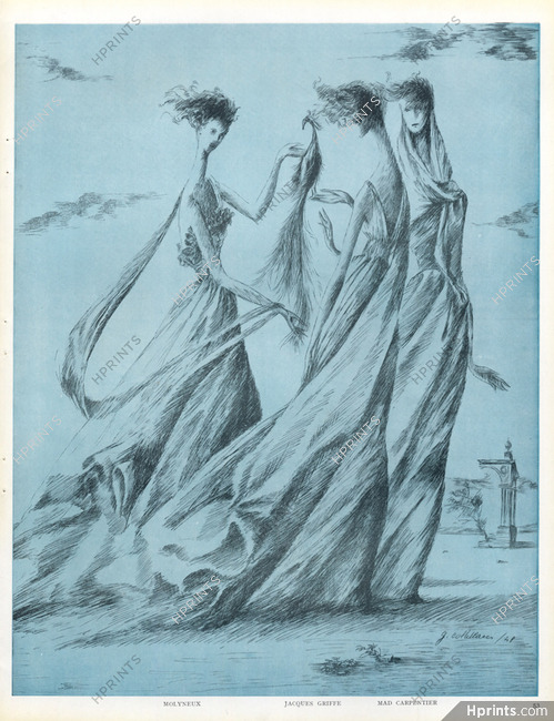 Giulio Coltellacci 1948 "Les fraîches mousselines de soie" Molyneux, Jacques Griffe, Mad Carpentier