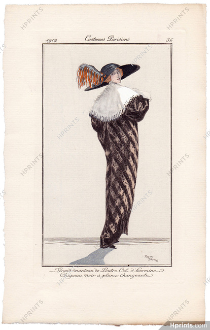 Roger Broders 1912 Journal des Dames et des Modes Costumes Parisiens Pochoir N°36 Grand Manteau de Loutre Col d'Hermine