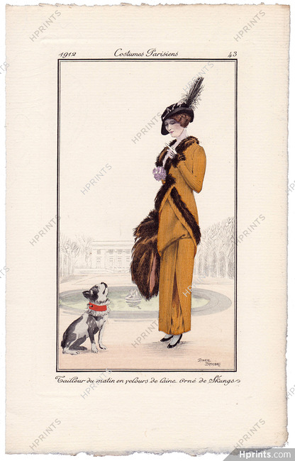 Roger Broders 1912 Journal des Dames et des Modes Costumes Parisiens Pochoir N°43 Tailleur du matin en velours de laine