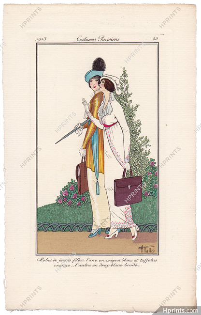 Armand Vallée 1913 Journal des Dames et des Modes Costumes Parisiens Pochoir N°55 Robes de jeunes filles