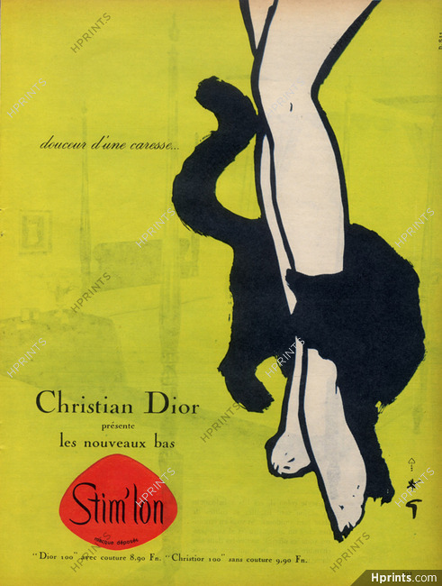 Christian Dior (Lingerie) 1959 Sweetness of a caress... Stockings Hosiery, Cat, René Gruau