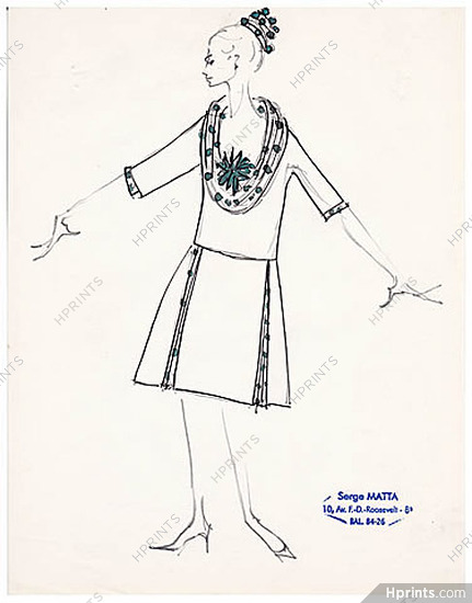 Serge Matta 1960 Fashion House Paris, Original Fashion Drawing N°36