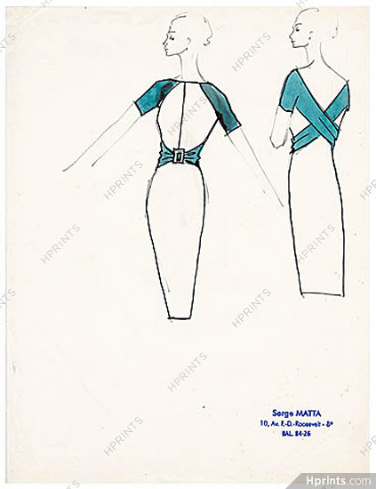 Serge Matta 1960 Fashion House Paris, Original Fashion Drawing N°43