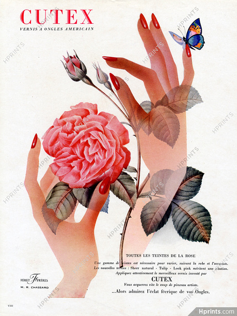 Cutex (Cosmetics) 1949 Nail Polish, Rose, Hand, Marcel R. Chassard