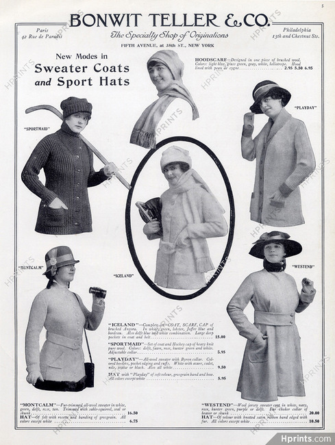Bonwit Teller 1915 Sport Hats, Sweater Coats