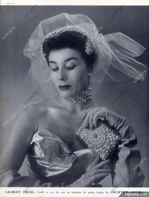 Gilbert Orcel (Millinery) 1951 Evening Bag and headgear in iridescent Pearls, Photo Georges Saad