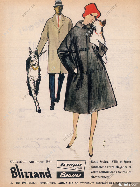 Blizzand (Clothing) 1961 René Gruau, Dogs, Dachshund, Dobermann