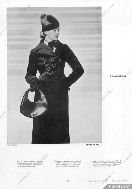 Schiaparelli 1934 Photo Scaioni, Coat in Black Woollen, Handbag