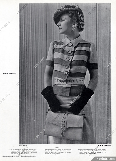 Schiaparelli 1935 Ensemble for the Riviera, Hat, Gloves, Handbag, Photo Anzon