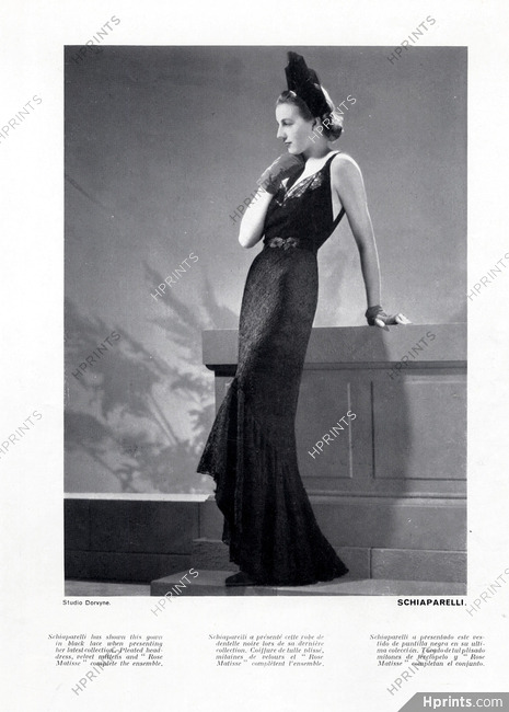 Schiaparelli 1937 Photo Dorvyne, Black Embroidery Dress, Velvet Mittens