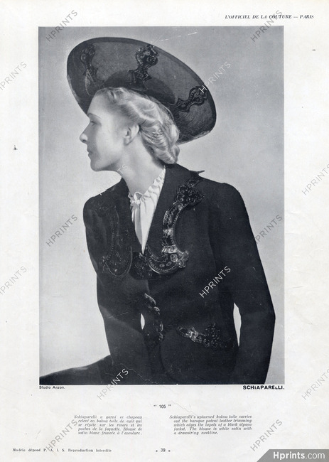 Schiaparelli 1937 Photo Anzon, Jacket and Hat, White Blouse