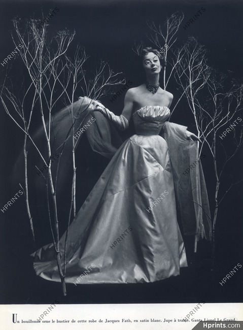 Jacques Fath 1954 Photo Philippe Pottier, Strapless Dress, Lionel Legrand (Gloves)