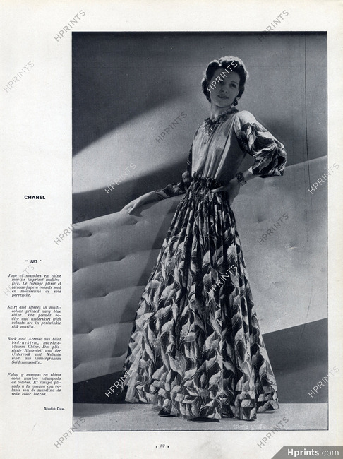 Chanel Archive - 14 March 1939 Women's Wear Daily: In a collection of  especially charming evening gowns, chiffon is used in tremendously varied  aspects. The graceful gown at left is all black
