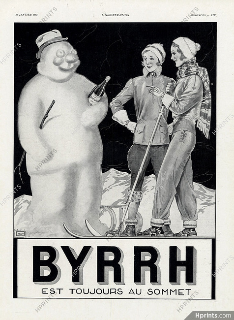 Byrrh 1931 Skiing, Winter Sports, Snowman, Georges Léonnec