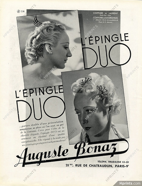 Auguste Bonaz (Combs) 1936 Hairstyle, Epingle Duo