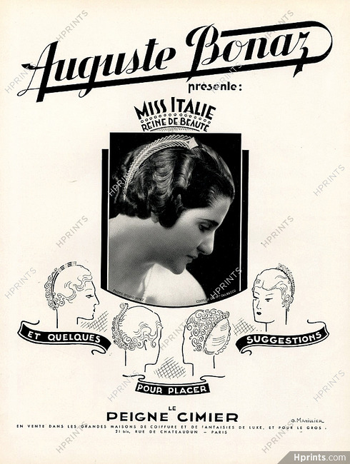 Auguste Bonaz (Combs) 1935 Hairstyle, Miss Italia, Cimier Comb, Mrs Dulbecco