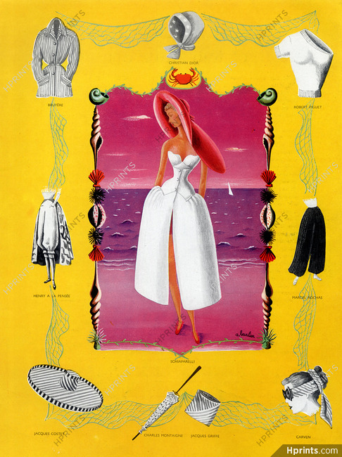 Schiaparelli 1948 Summer Dress, Hat, A. Barlier