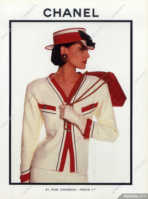Chanel 1987 Veste blanche ganse rouge, Handbag, Camelia Hat, Inès De La Fressange