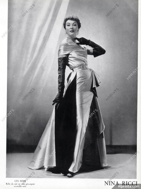 Nina Ricci 1952 Robe du soir en satin gris-argent, reversible noir, Evening Gown