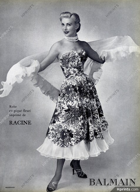 Pierre Balmain 1952 Robe imprimée, Photo Seeberger, Strapless Dress