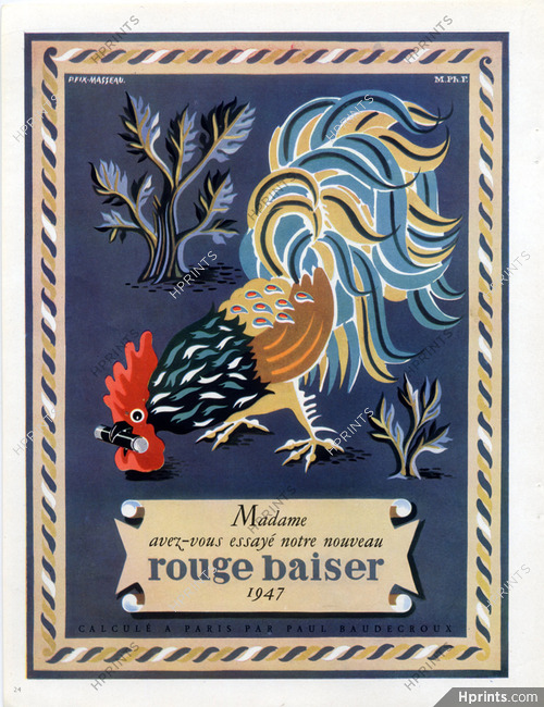 Rouge Baiser 1947 Fix-Masseau, Cockerel, Rooster, Lipstick