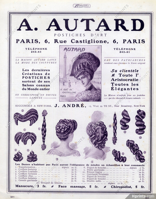 Autard (Hairstyle) 1907 Hairpieces, Postiches, Wig, Place Vendôme