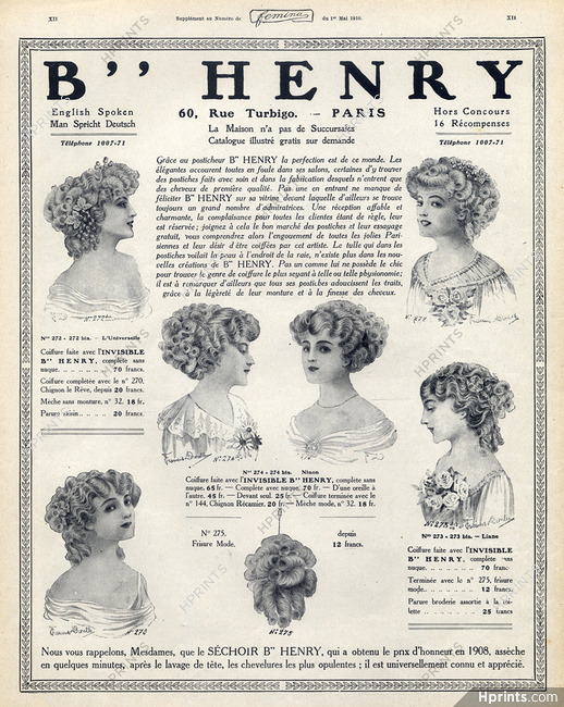 Henry (Hairstyle) 1910 Hairpieces, Postiches, Wig, Francis Durelle