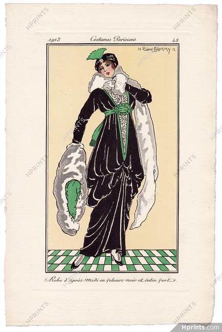Robert Dammy 1913 Journal des Dames et des Modes Costumes Parisiens Pochoir N°48 Robe d'après-midi en velours noir et satin vert