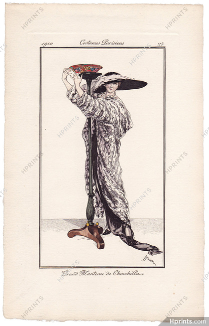 Etienne Drian 1912 Journal des Dames et des Modes Costumes Parisiens N°25 Grand Manteau de Chinchilla