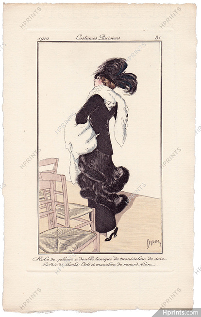 Etienne Drian 1912 Journal des Dames et des Modes Costumes Parisiens N°31 Robe de velours à double tunique