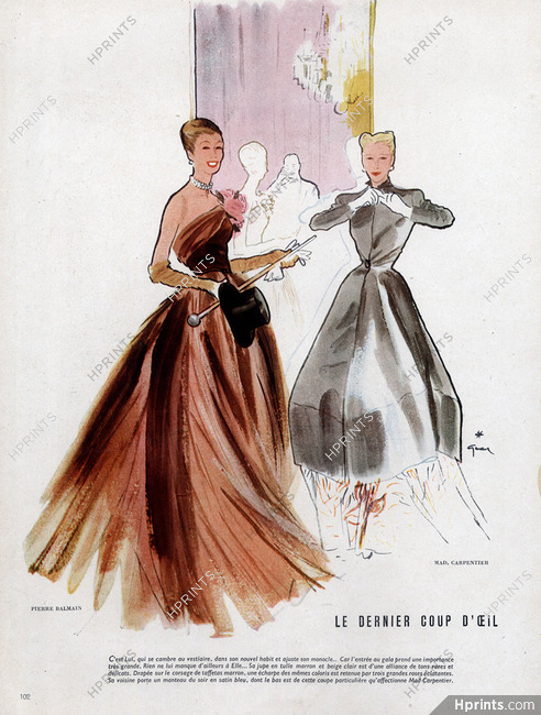 René Gruau 1946 Balmain & Mad Carpentier, Evening Gown,