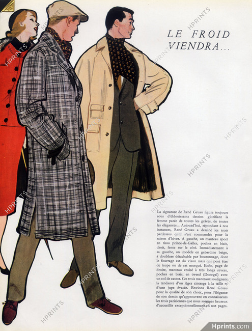 René Gruau 1955 Men's Clothing, Manteau sport Prince de Galles, Gabardine beige