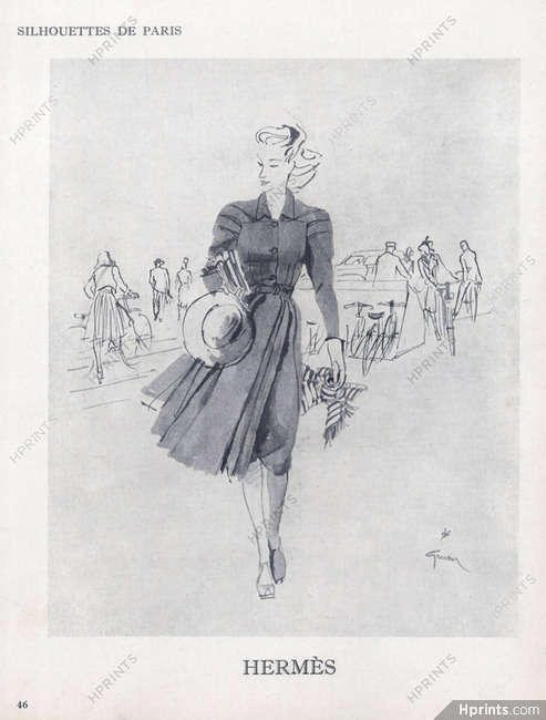 Hermès (Couture) 1945 Silhouette de Paris, René Gruau