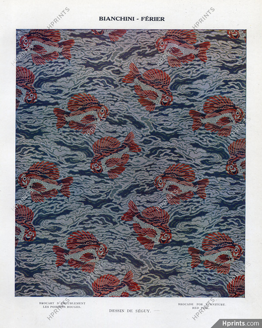 Bianchini Férier (Fabric) 1927 Brocade for Furniture Red Fisch, Seguy