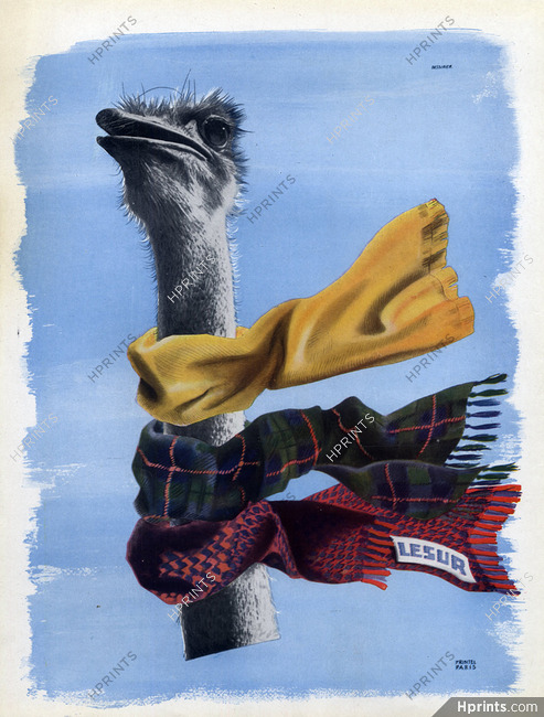 Lesur (Fabric) 1948 Autruche, Ostrich, Dessirier, Scarves