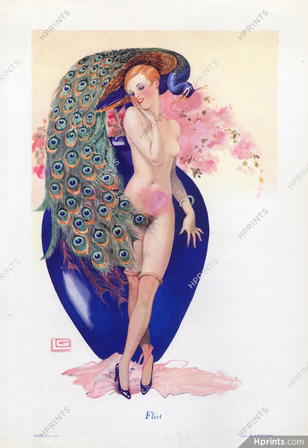 Georges Léonnec 1927 Flirt, Peacock, Sexy Nude Girl