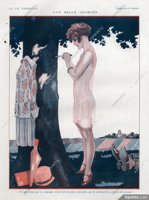 Georges Léonnec 1926 Country Landscape, Sexy Girl, Lingerie