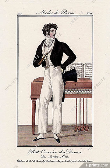 Petit Courrier des Dames 1822 Modes de Paris N°66 Dandy, A. Delvaux Engraver, Piano