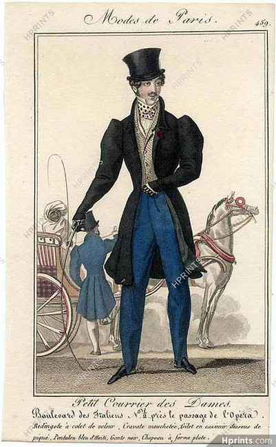 Petit Courrier des Dames 1827 N°459 Modes de Paris, Men's Clothing, Horse Carriage