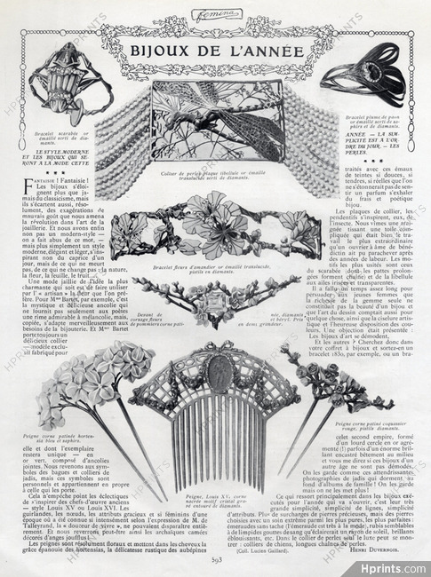 Bijoux de l'Année, 1905 - Lucien Gaillard Dragonfly Pearls Necklace, Combs, Bracelet Feather of Peacock, Art Nouveau Style, Texte par Henri Duvernois